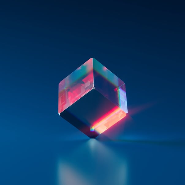 image of a cube with red reflections on a blue background
